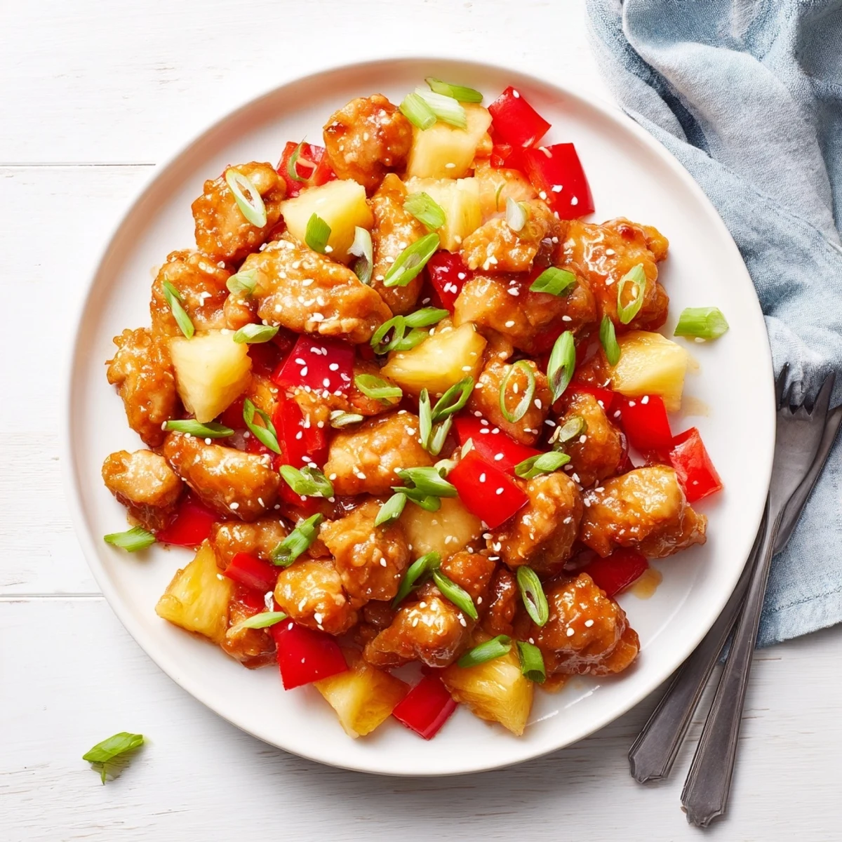 Glistening sticky pineapple chicken pieces on a plate with steamed jasmine rice, garnished with green onions and sesame seeds.