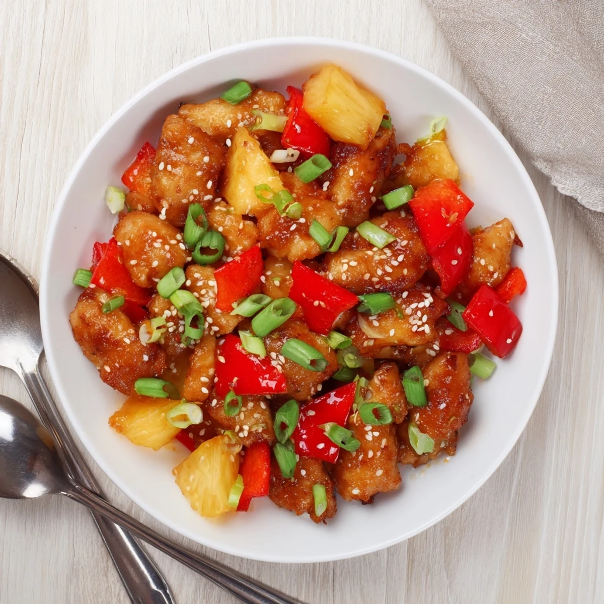 Close-up of sticky pineapple chicken with tender chunks in a glossy, sweet-and-tangy sauce, featuring red bell pepper and pineapple.