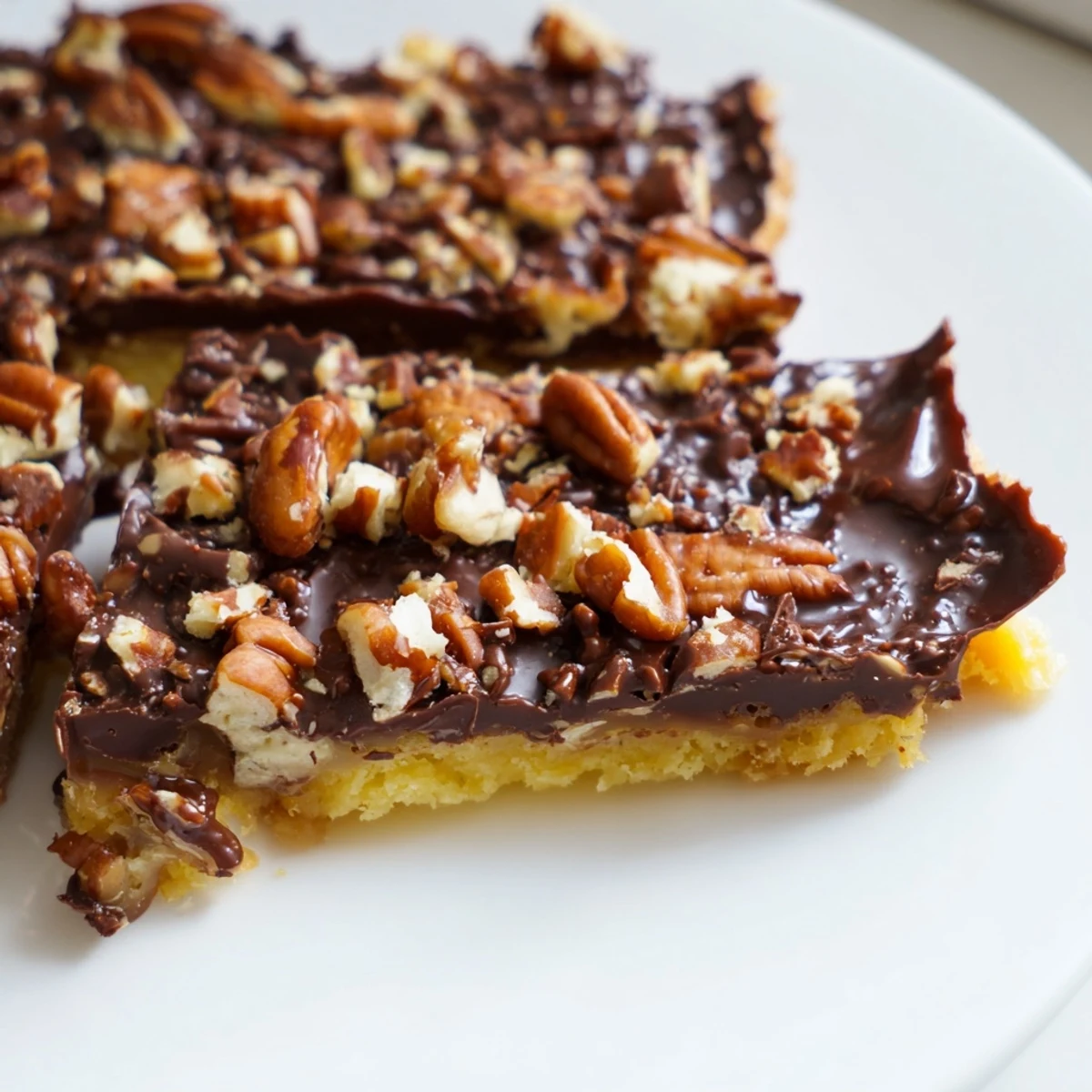 Warm slice of Cake Mix Toffee Bars showing chewy texture, with a glass of cold milk nearby for dipping.