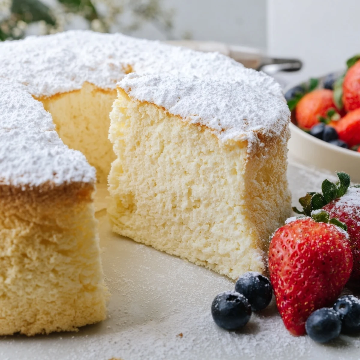 Golden-brown Fluffy Yogurt Cloud Cake shows its delicate crumb in a cross-section, revealing its airy texture on a marble countertop.