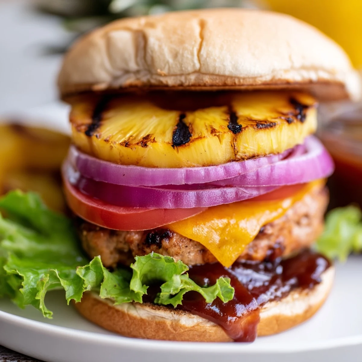 A close-up of a Hawaiian Pineapple Chicken Burger on a toasted bun with grilled pineapple, barbecue sauce, lettuce, and tomato.