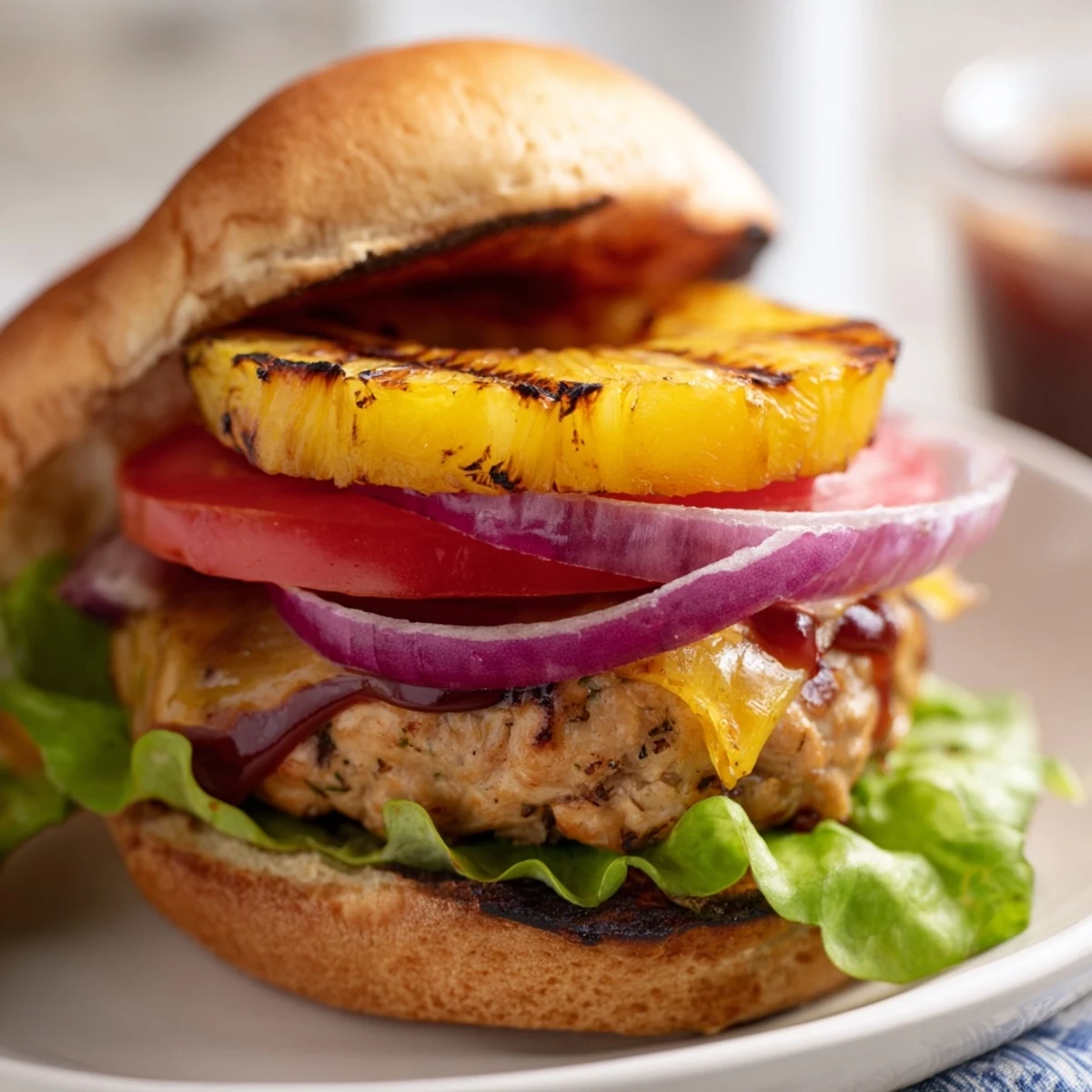 Serving suggestion for Hawaiian Pineapple Chicken Burger with fresh veggies, tangy barbecue sauce, and golden toasted burger buns.