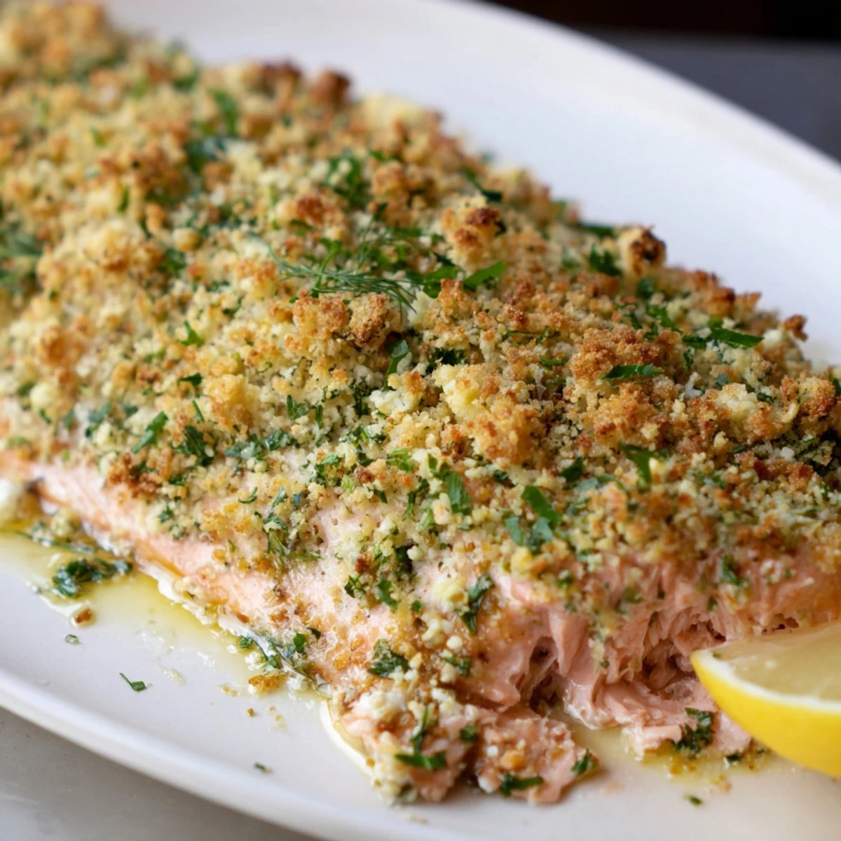 Golden-brown Parmesan salmon bake with a crunchy crust, served with fresh lemon wedges on a rustic plate.  
