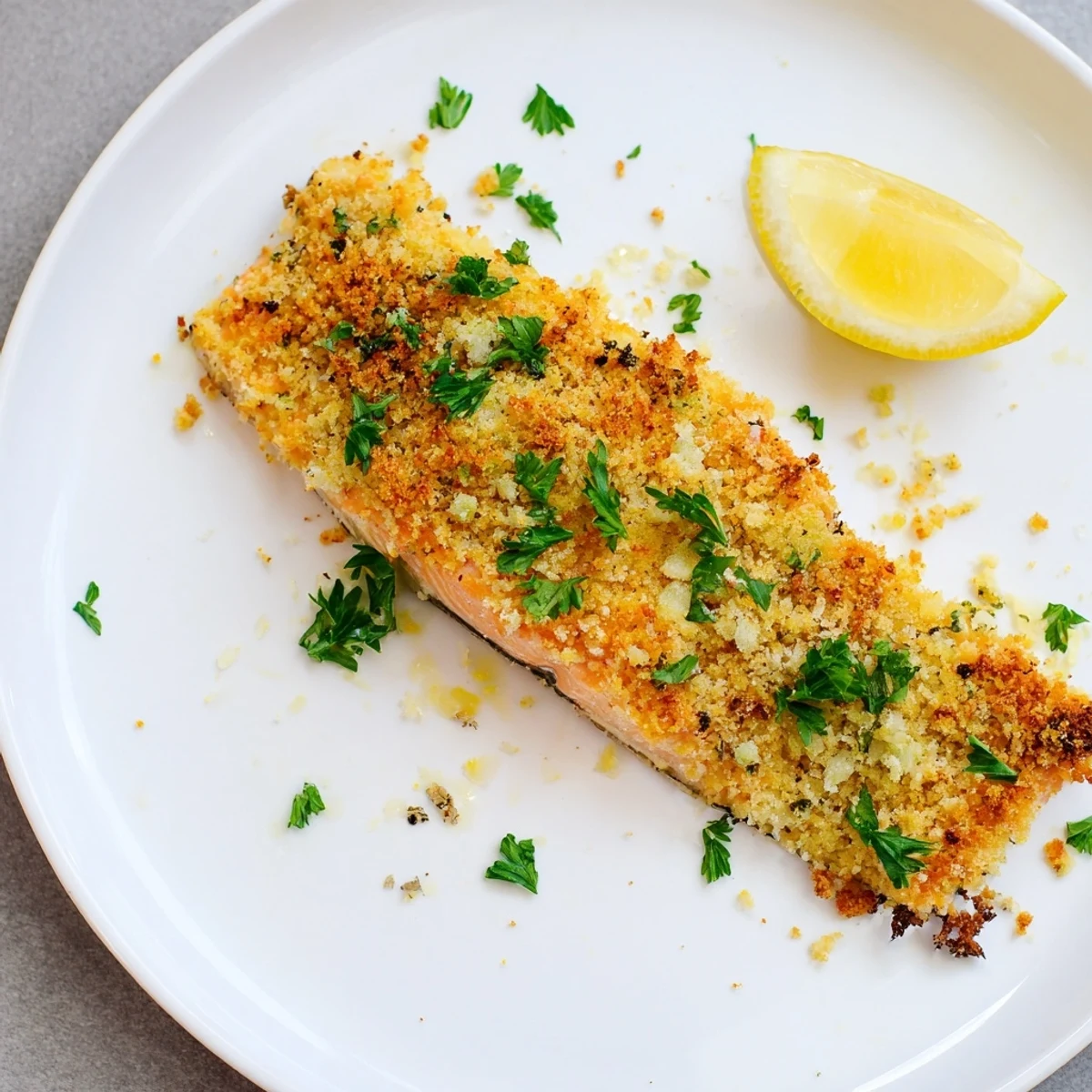Golden-brown Parmesan crust covers tender salmon fillets in this Irresistibly Crispy Parmesan Salmon Bake, served with fresh lemon wedges.