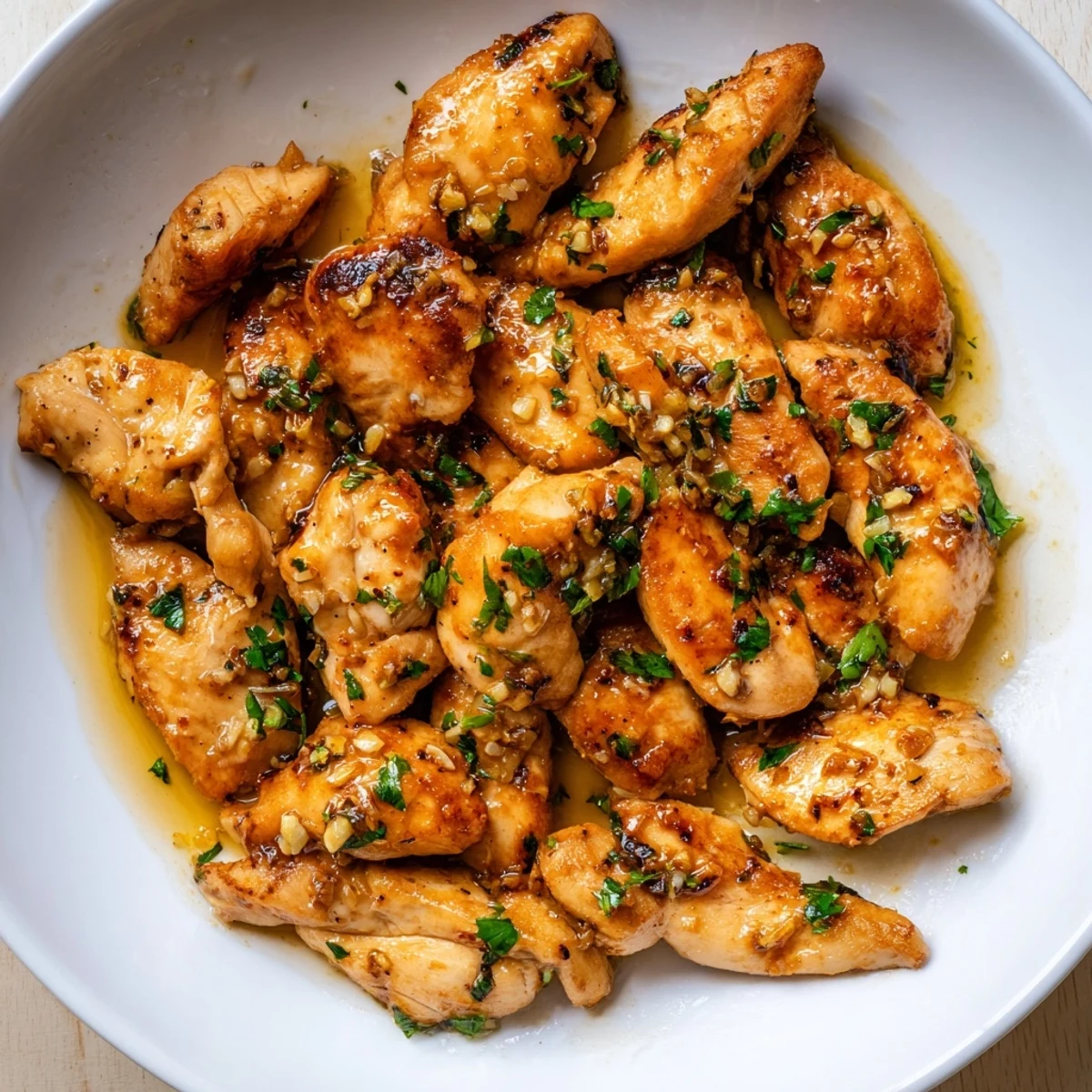 Juicy Garlic Butter Chicken on a white plate, paired with steamed vegetables.