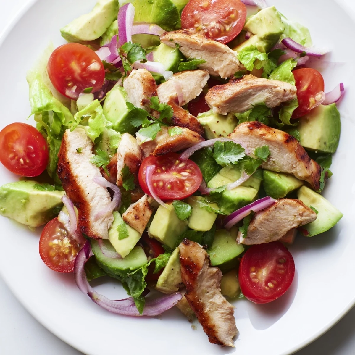 Grilled chicken pieces and diced avocado in a bowl with cherry tomatoes and greens for Avocado Chicken Salad.
