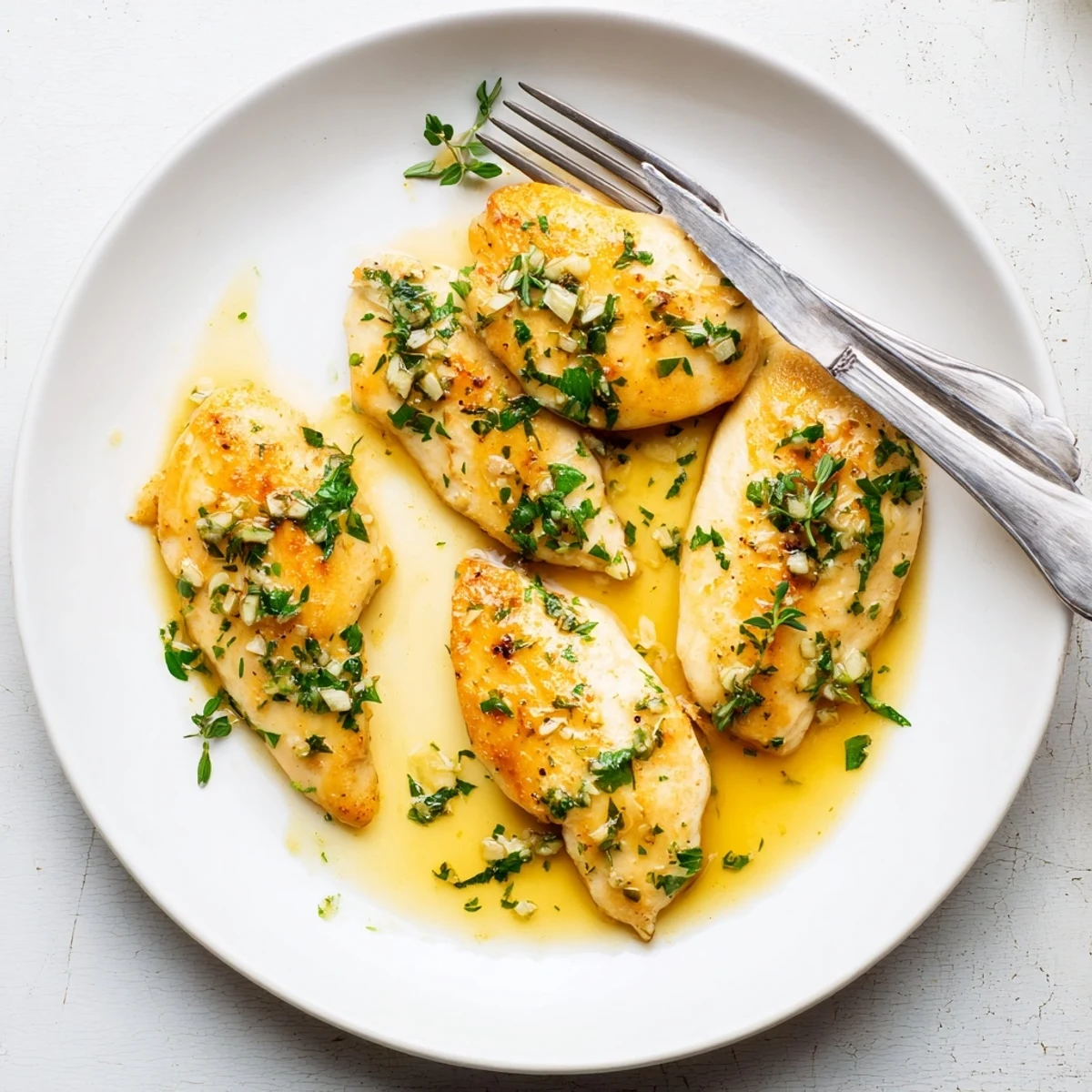 Succulent Garlic Butter Chicken breasts glistening in rich golden sauce, garnished with fresh parsley for an inviting main dish.
