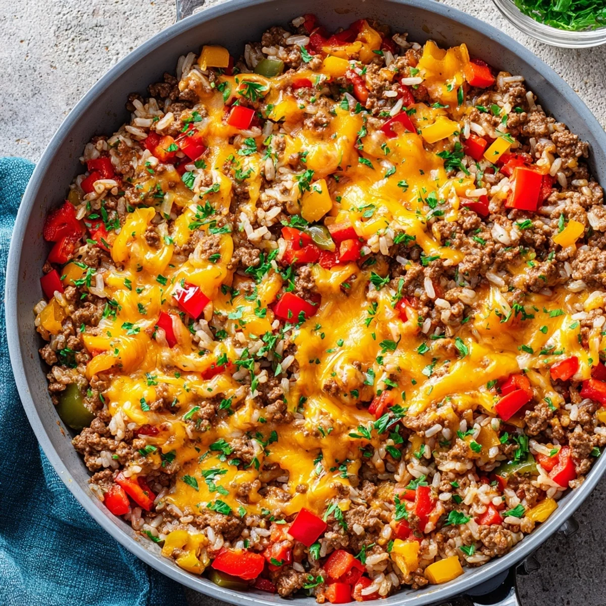 Close-up of a colorful Unstuffed Pepper Skillet served hot from the skillet with savory aromas.