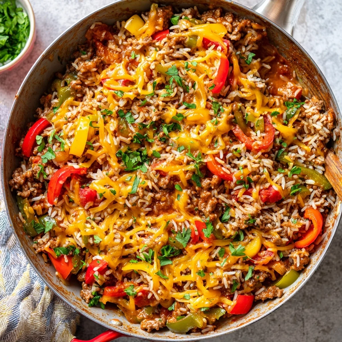 A family-friendly one-pan Unstuffed Pepper Skillet with melted cheddar cheese and fresh parsley garnish.  