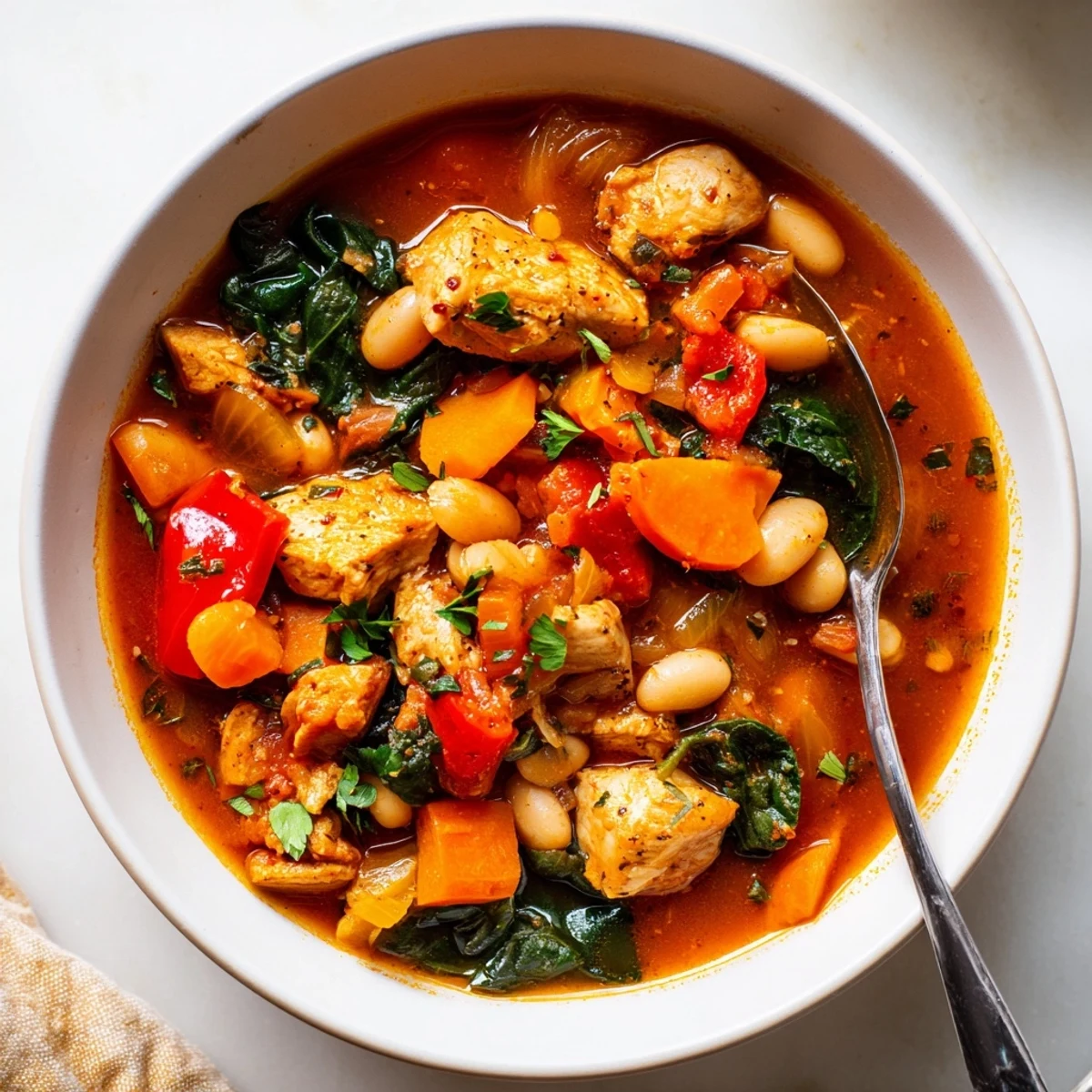 Tuscan Slow Cooker Chicken Stew in a rustic pot, garnished with parsley and a Parmesan wedge for serving.