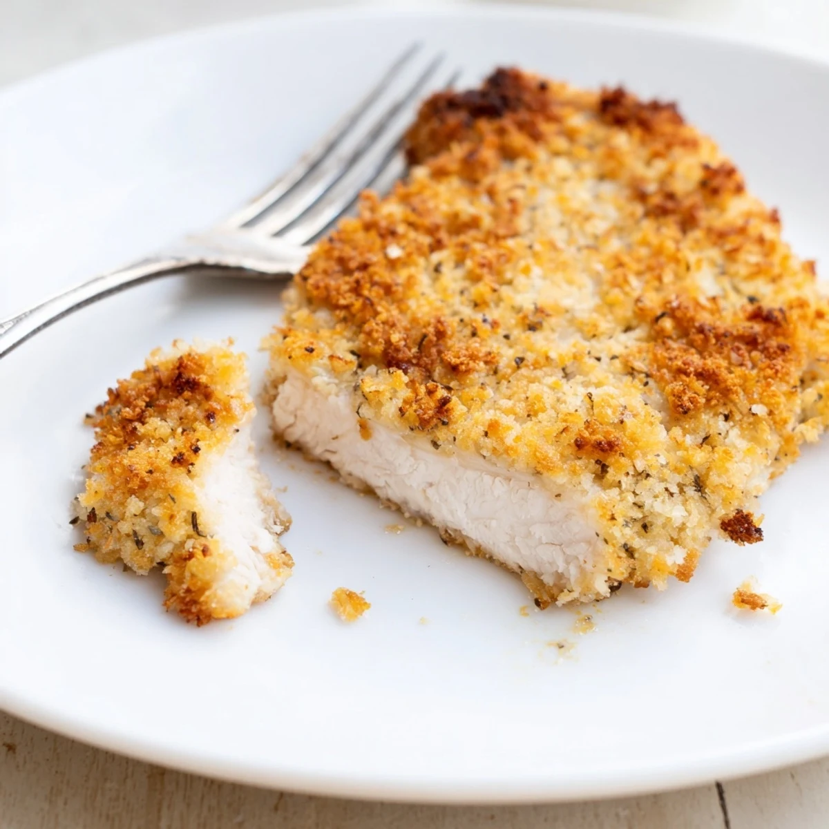 A close up of crispy air fryer parmesan crusted chicken with a golden panko and parmesan coating.