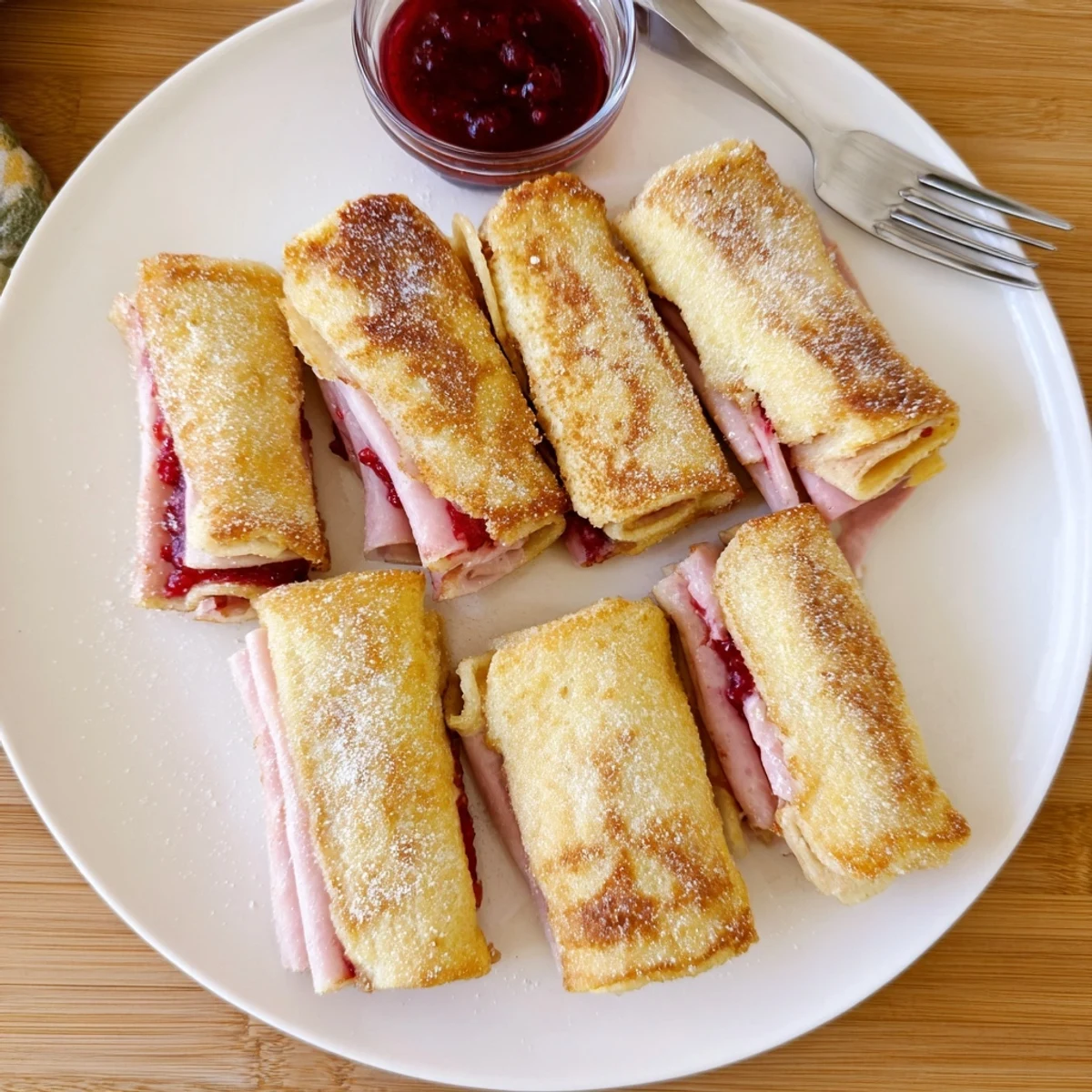 Close-up of Monte Cristo Roll Ups dusted with powdered sugar, showing melted Swiss cheese peeking from the rolled bread.
