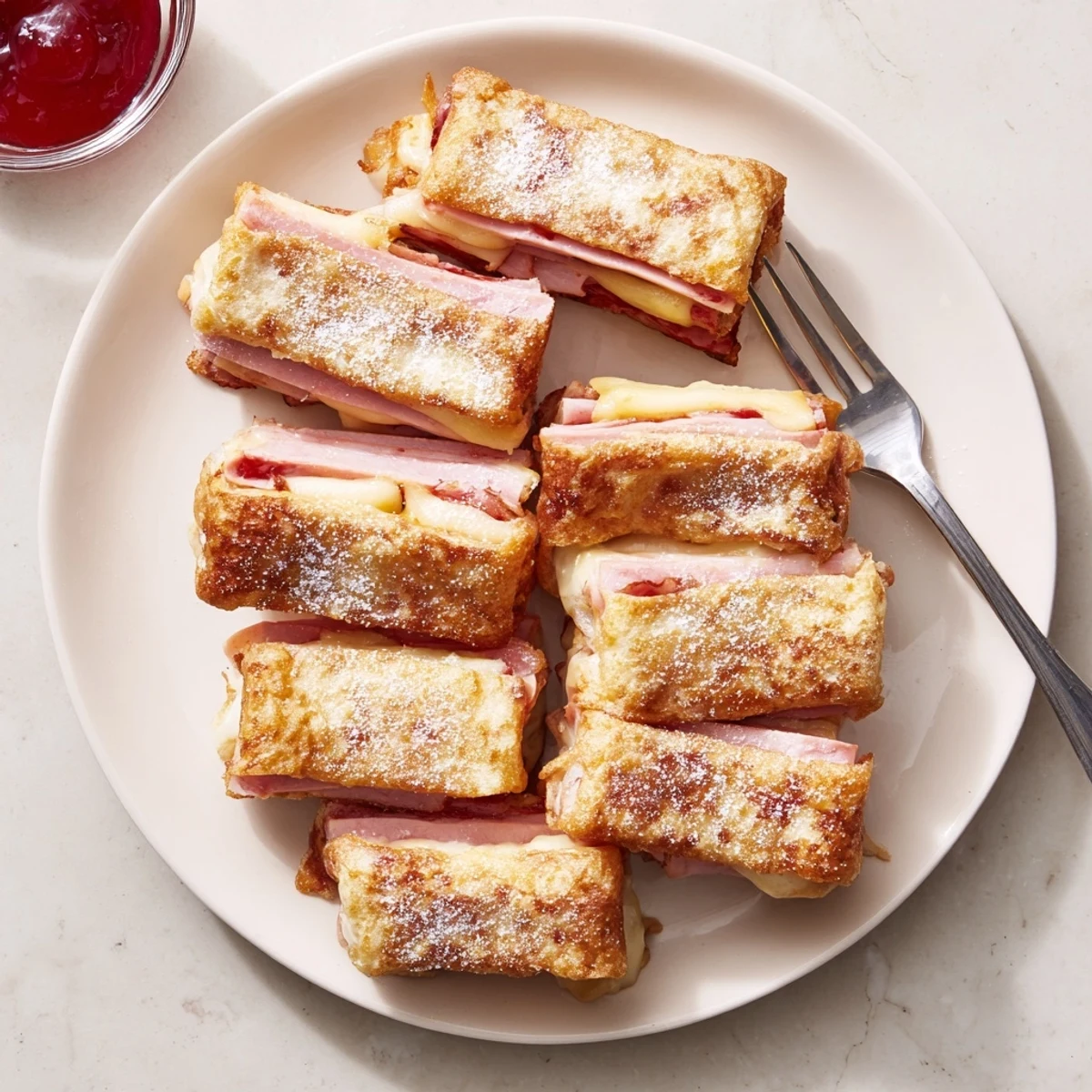 Golden-brown Monte Cristo Roll Ups rest on a white plate with a small bowl of raspberry jam for dipping.