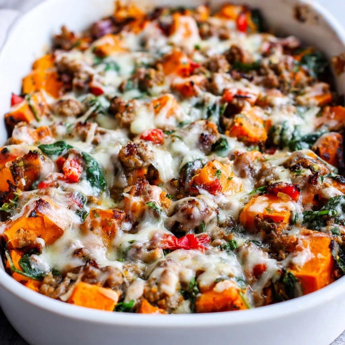 Savory Ground Turkey Sweet Potato Bake bubbling with diced sweet potatoes, spinach, and ground turkey in a hearty casserole.