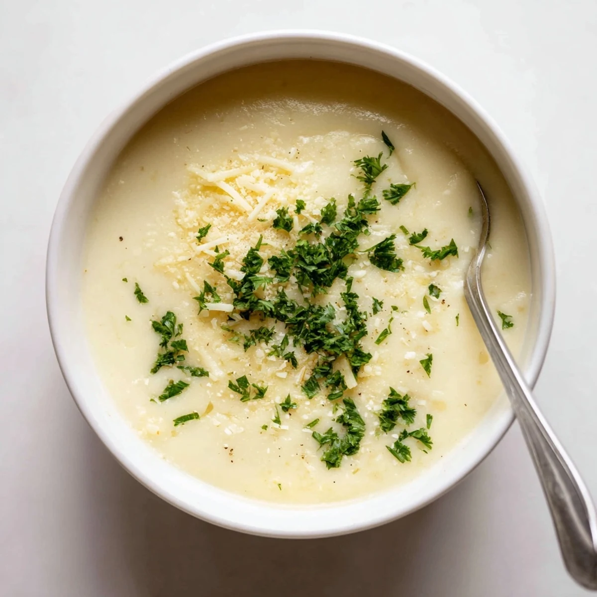 Creamy Asiago Roasted Garlic Cauliflower Soup garnished with fresh chives served in a rustic bowl.  