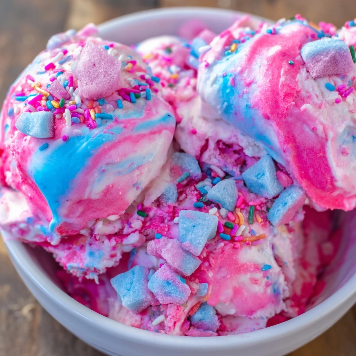 A colorful serving of No Churn Bubblegum Ice Cream in a cone with extra bubblegum candies scattered nearby.