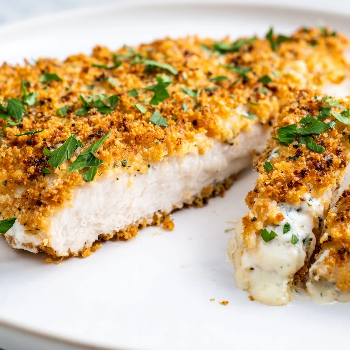 Golden-brown Parmesan crusted chicken from Longhorn Steakhouse recipe rests on a plate with creamy ranch spread and fresh parsley garnish.
