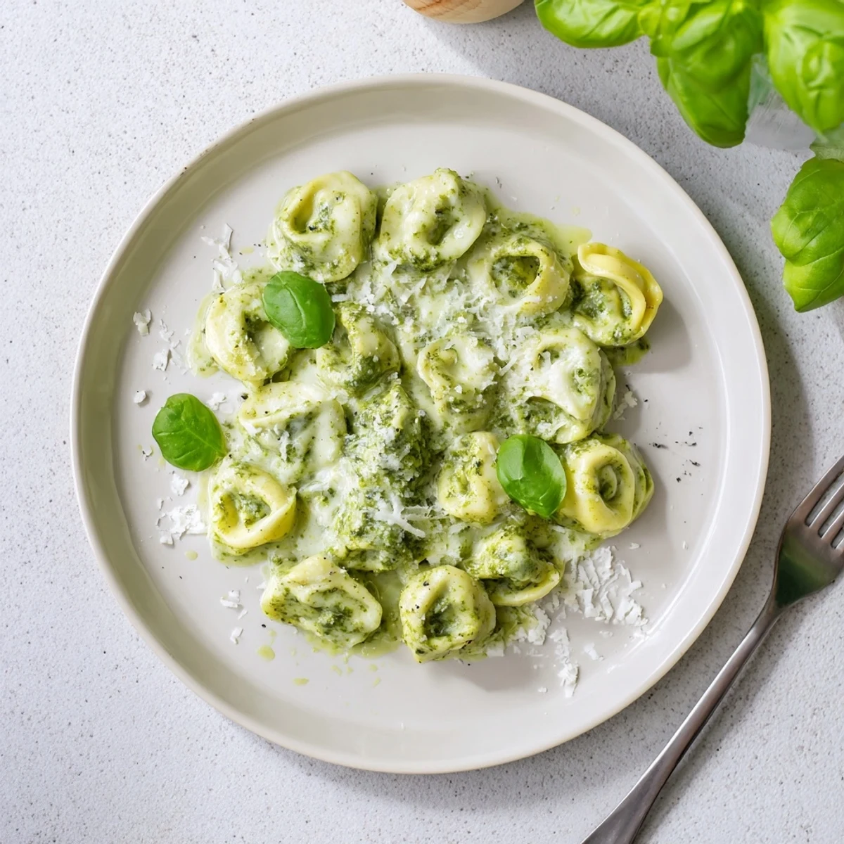 Freshly cooked cheese tortellini coated in a creamy Pesto Alfredo Tortellini sauce, garnished with basil and pine nuts.