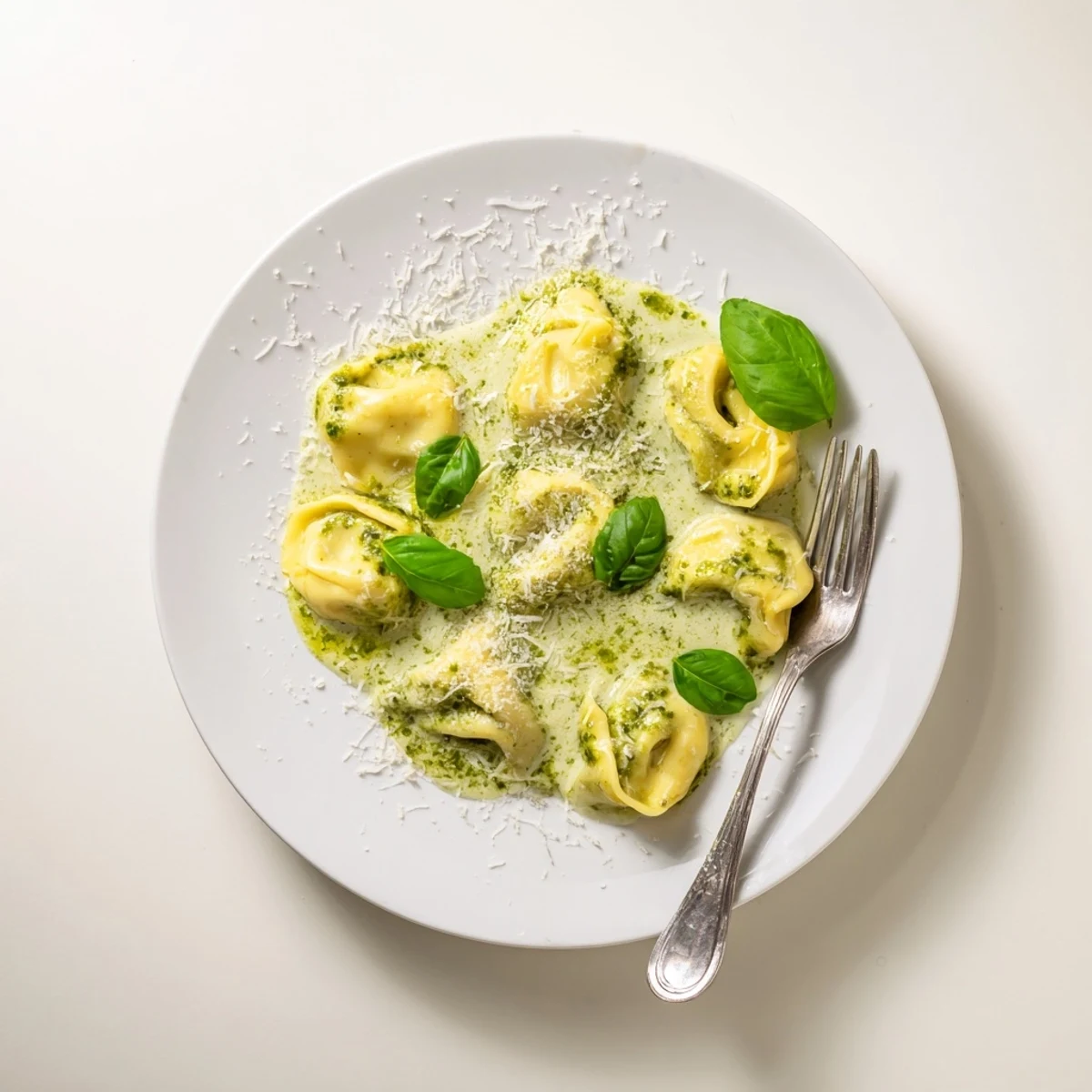 A close-up of Pesto Alfredo Tortellini served in a white bowl, showing a rich green and white sauce with Parmesan.
