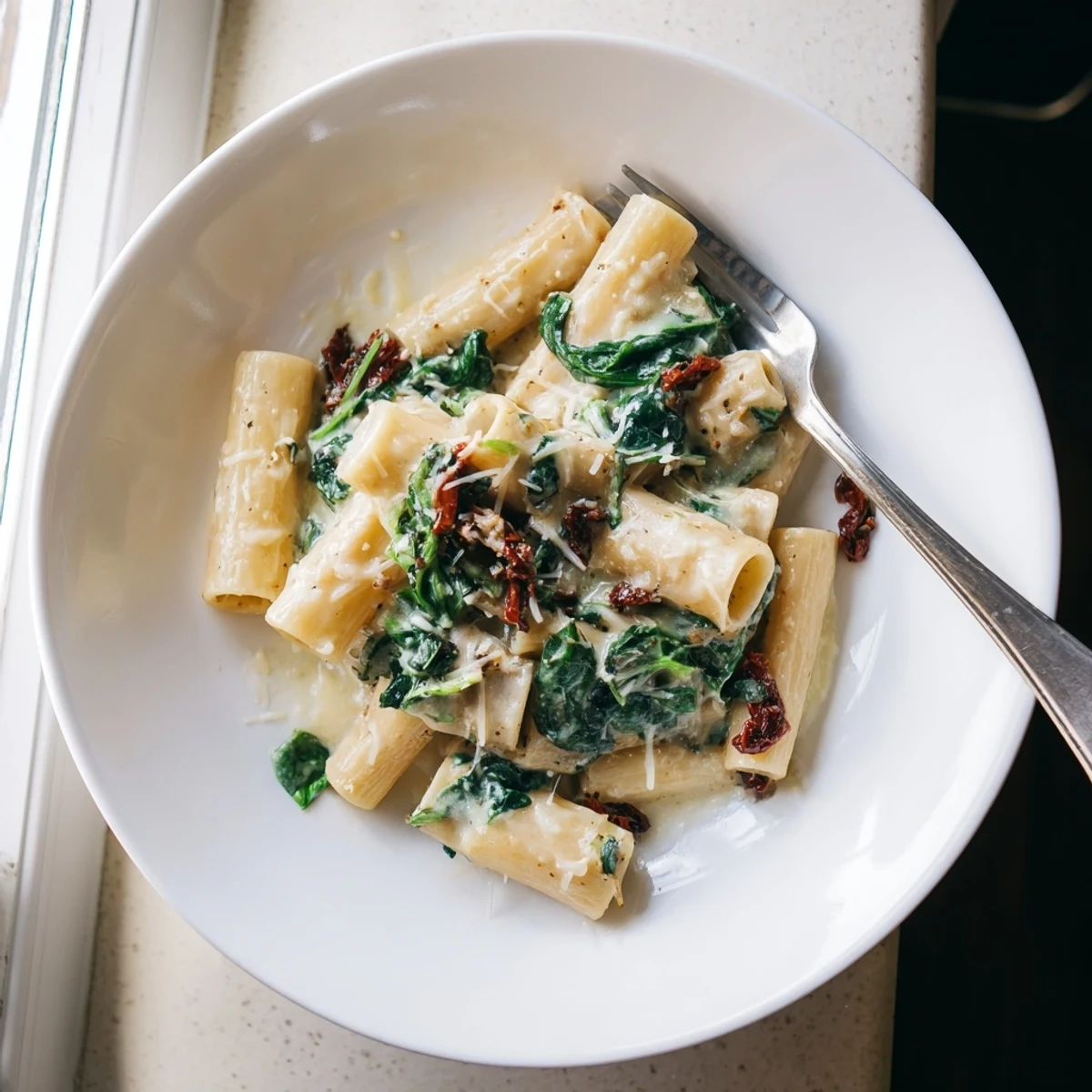 Creamy Tuscan Garlic Sauce simmering in a pan with sun-dried tomatoes and wilted spinach for a hearty Italian dinner.
