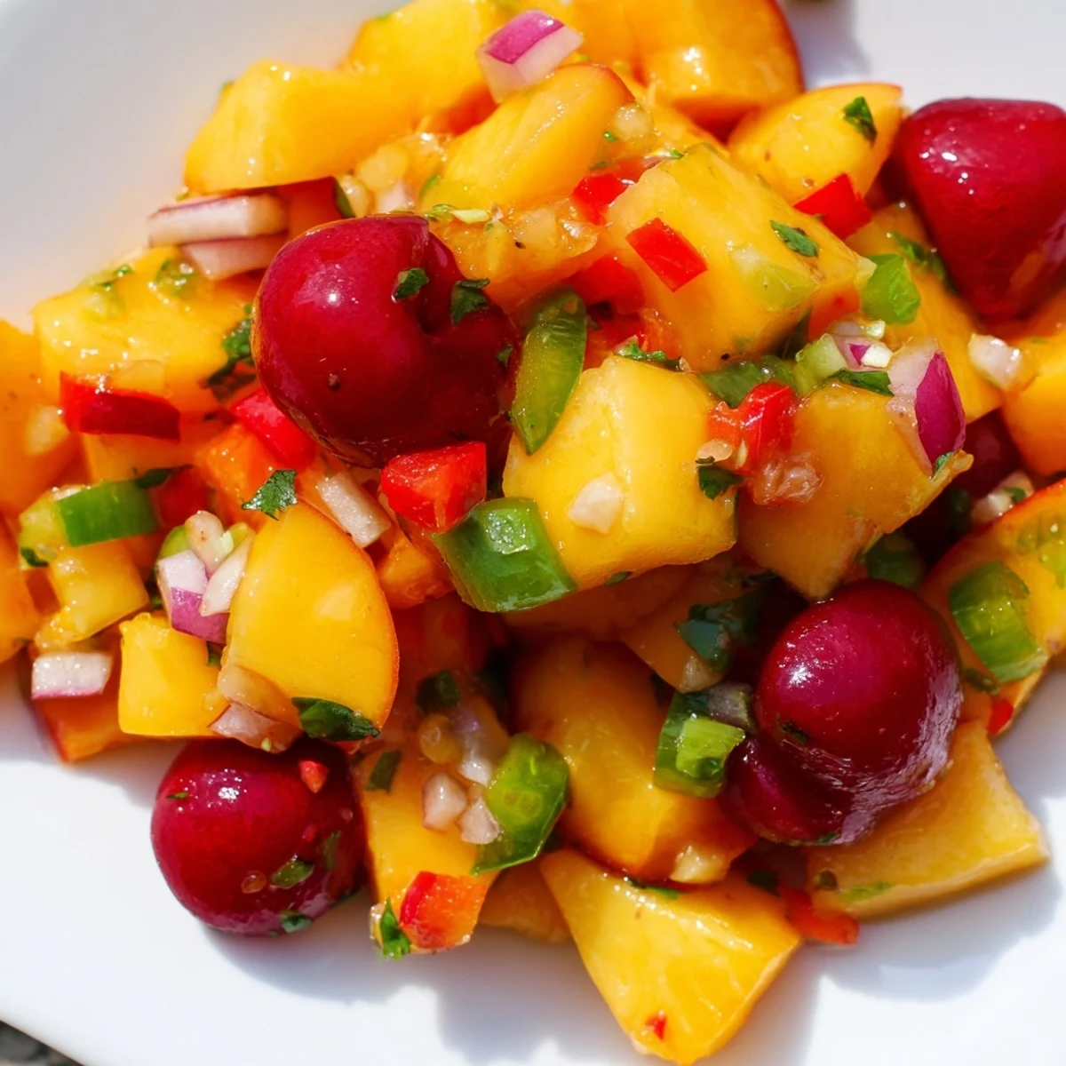 Healthy Peach Cherry Salsa topped with grilled chicken tacos, showcasing juicy fruit chunks and herbs in a refreshing appetizer presentation.