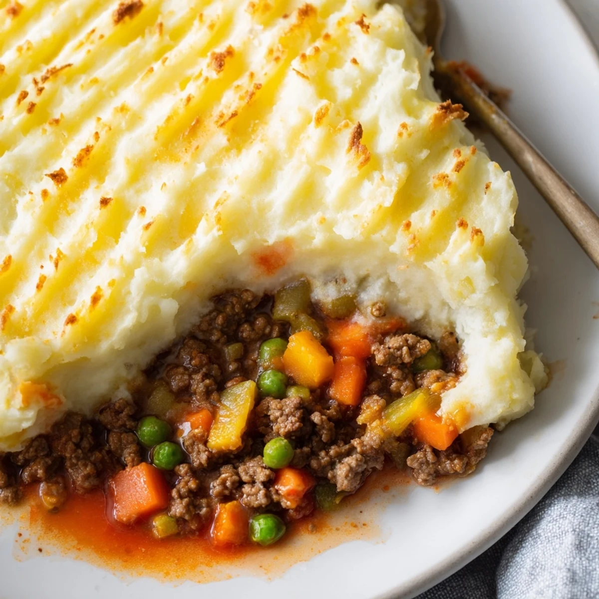 Close-up of golden-brown Easy Shepherds Pie with creamy mashed potatoes and savory beef filling bubbling in a dish.