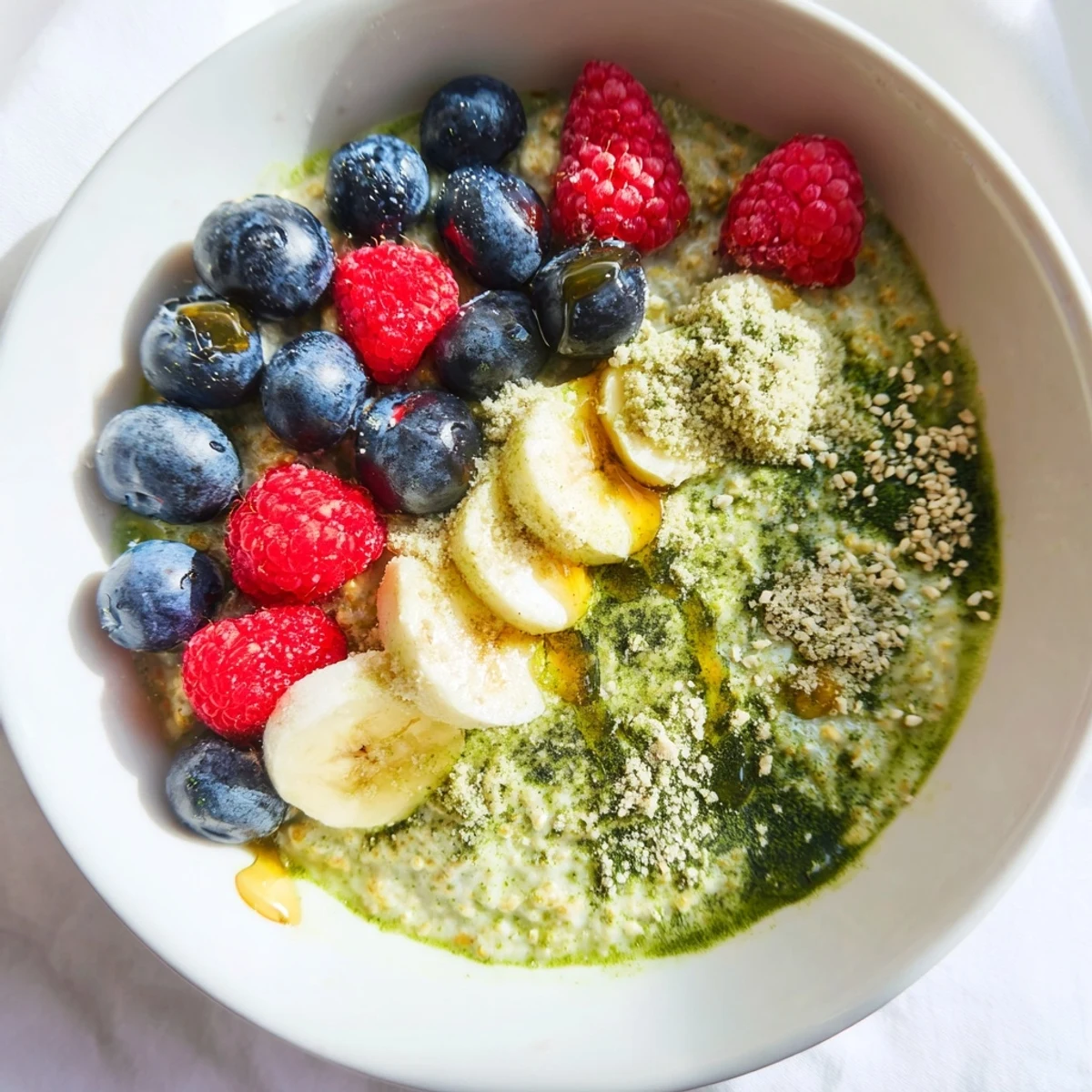 A spoon scoops into a cold bowl of matcha protein overnight oats with toasted coconut flakes and nuts.