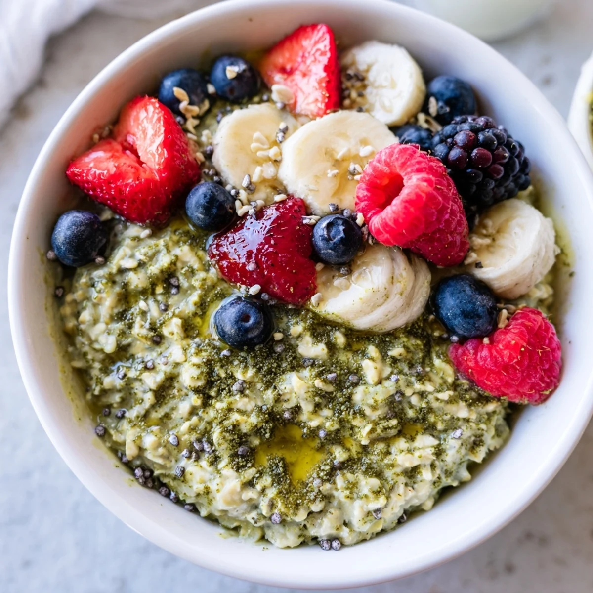 Matcha protein overnight oats served in a mason jar with vibrant green hue and drizzle of maple syrup.