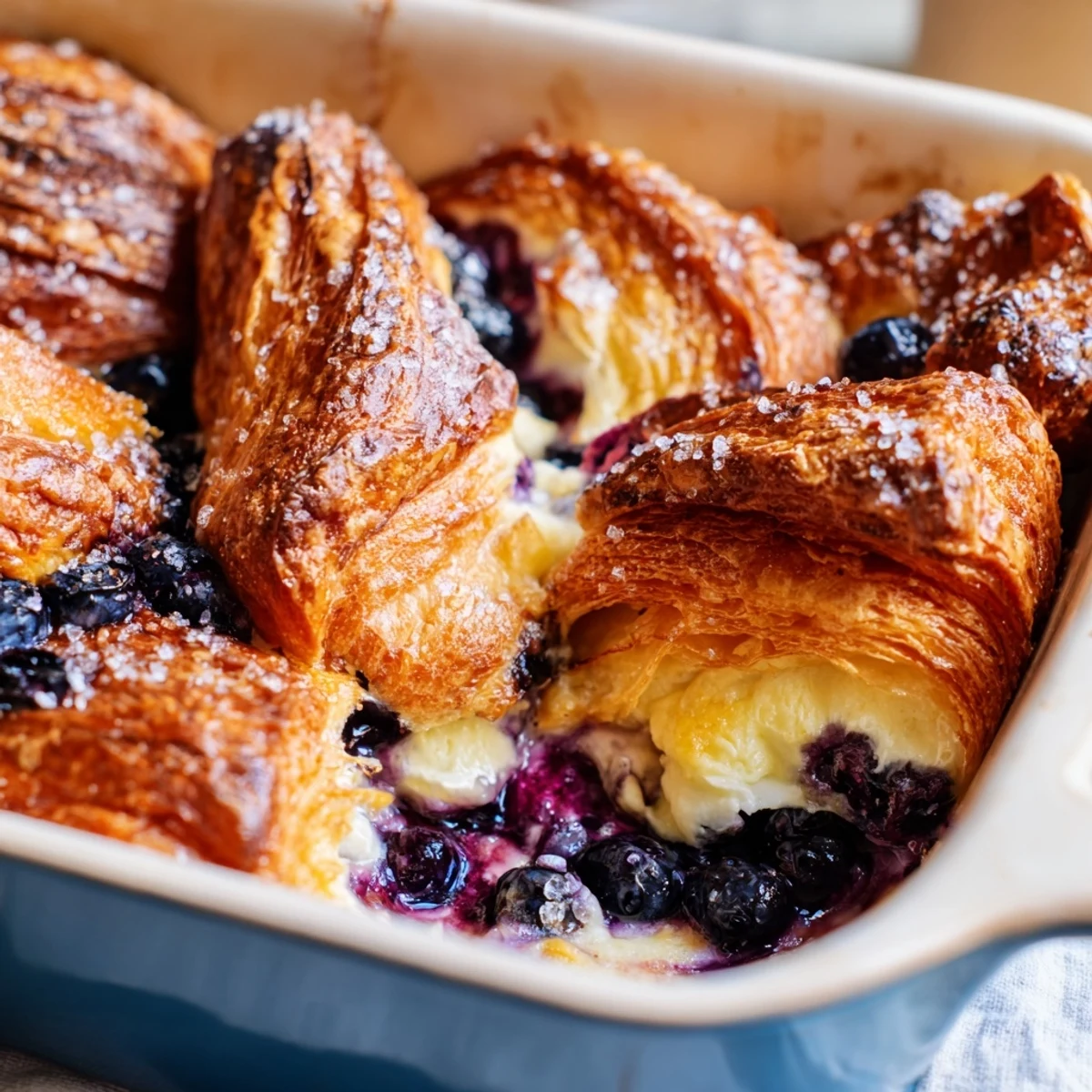 This top-down view of the Blueberry Cream Cheese Croissant Casserole features a glass baking dish filled with warm, custard-soaked pastries and vibrant blueberries, ready to serve.