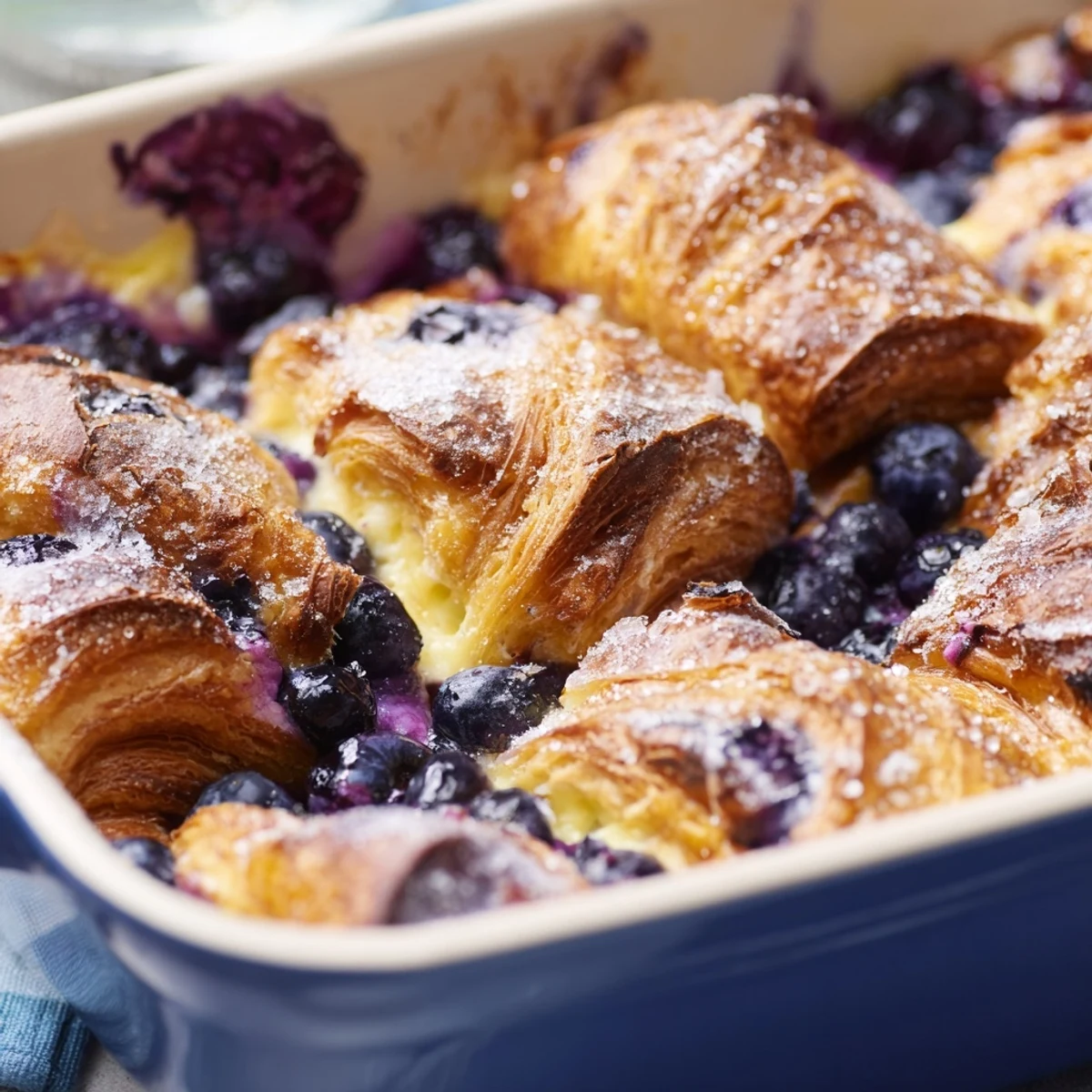 A close-up slice of the Blueberry Cream Cheese Croissant Casserole shows flaky pastry layers, rich cream cheese swirls, and fresh berries on a rustic white plate.