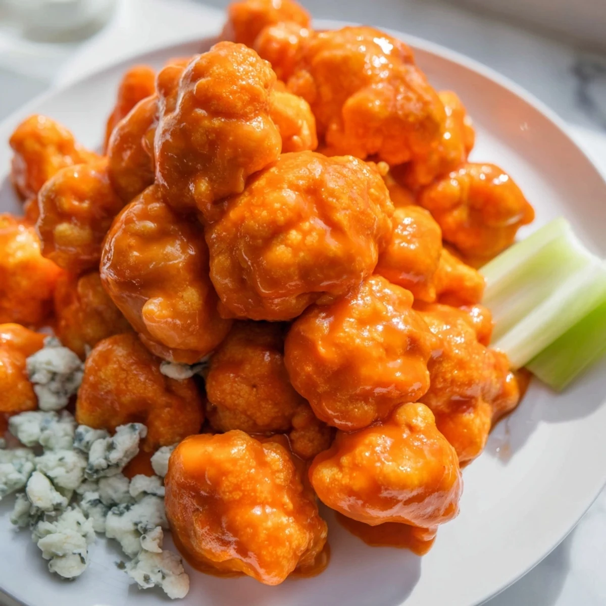 Crispy air fryer buffalo cauliflower florets shine with glossy red sauce and fresh celery sticks on a white plate.