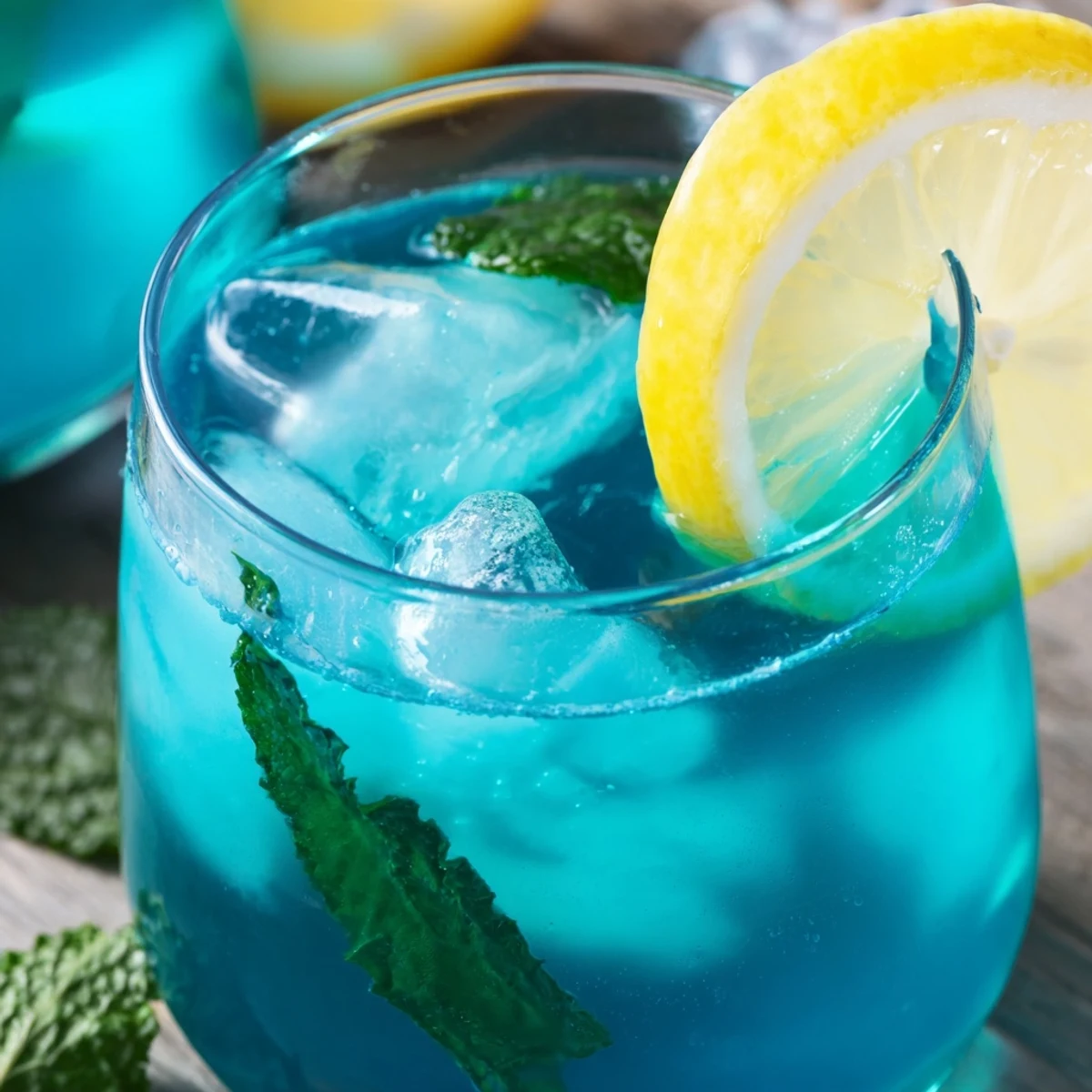 Close up view of Blue Spirulina Lemonade showing bright blue color and refreshing condensation.