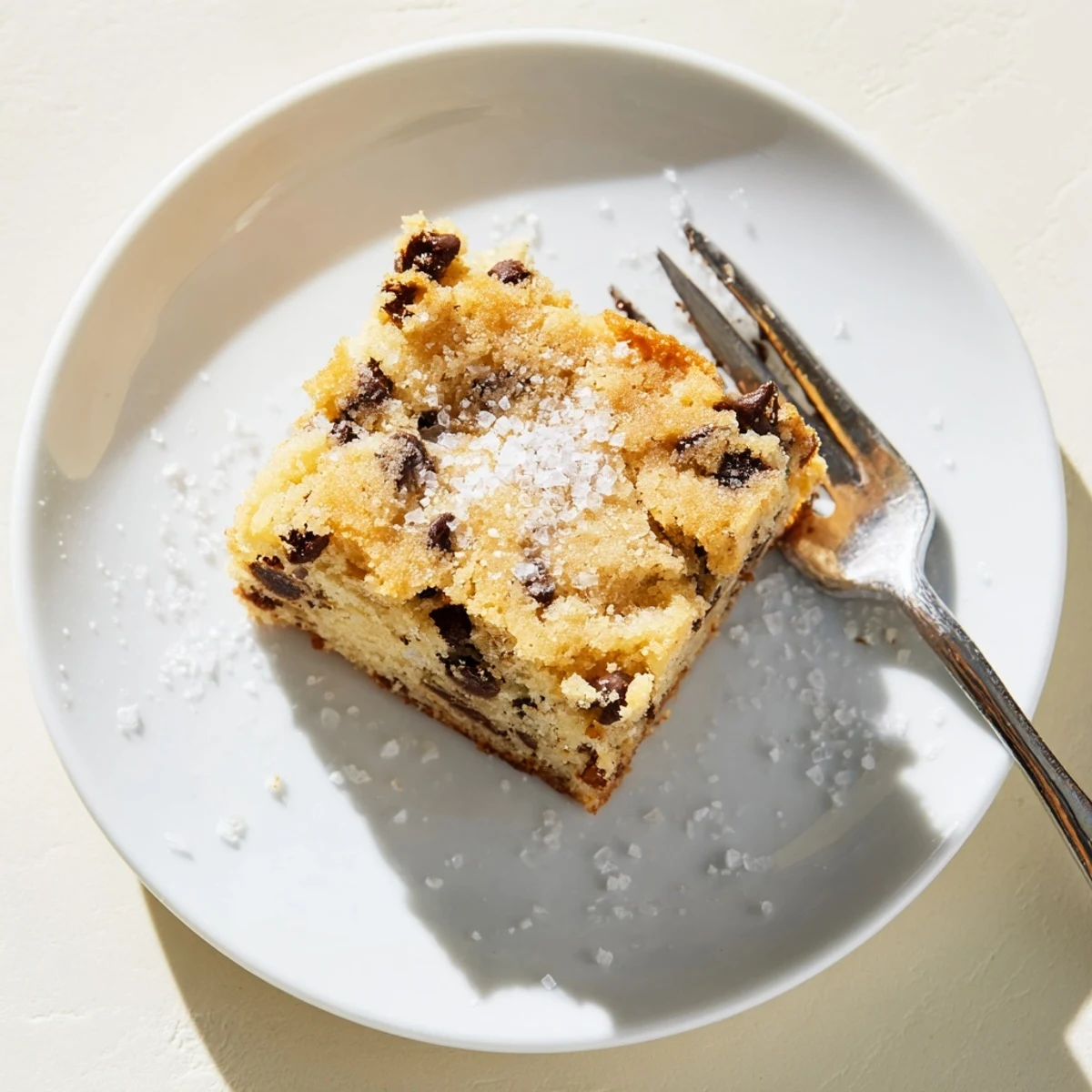 Overhead view of a Chocolate Chip Cake served with a scoop of vanilla ice cream and a fork.