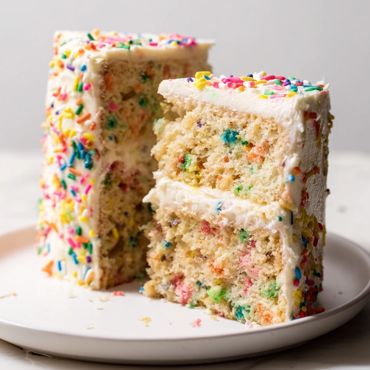 Golden slices of Gluten-Free Funfetti Birthday Cake reveal a moist vanilla crumb packed with colorful sprinkles, served on a white plate.