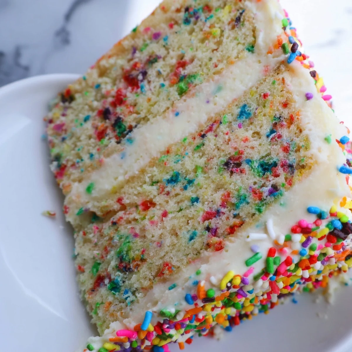 Gluten-Free Funfetti Birthday Cake displays vibrant rainbow sprinkles in a fluffy slice, ideal for a festive birthday party dessert.