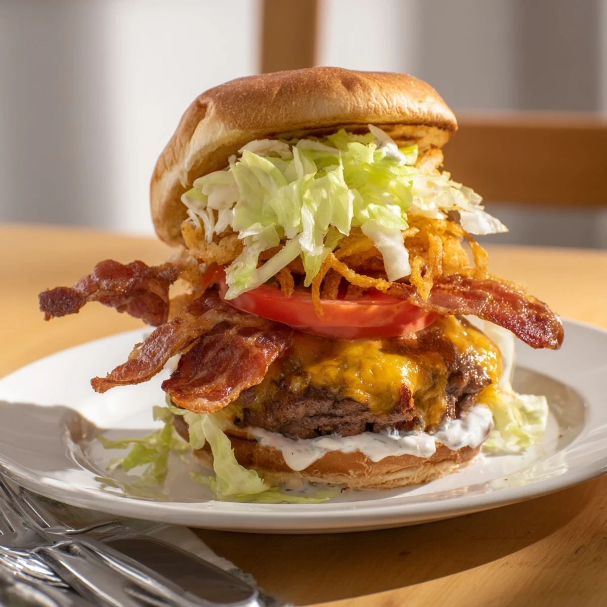 Golden-brown toasted buns cradle a juicy Crack Burger with melted cheddar and crispy bacon slices.