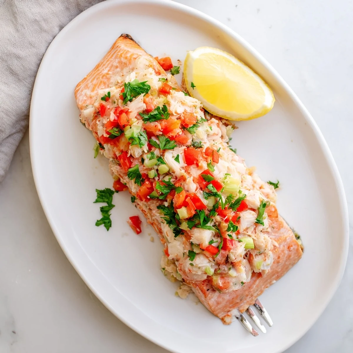 Crab & Shrimp Stuffed Salmon fillets baked golden with a savory seafood filling.