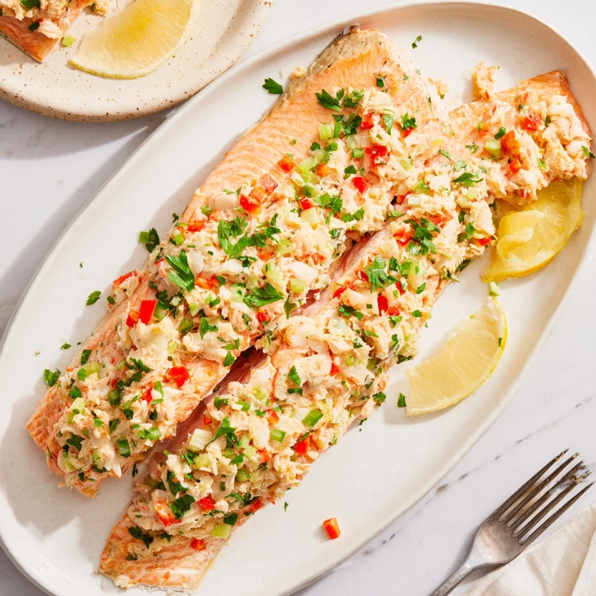 Freshly baked Crab & Shrimp Stuffed Salmon garnished with parsley, ready for dinner.