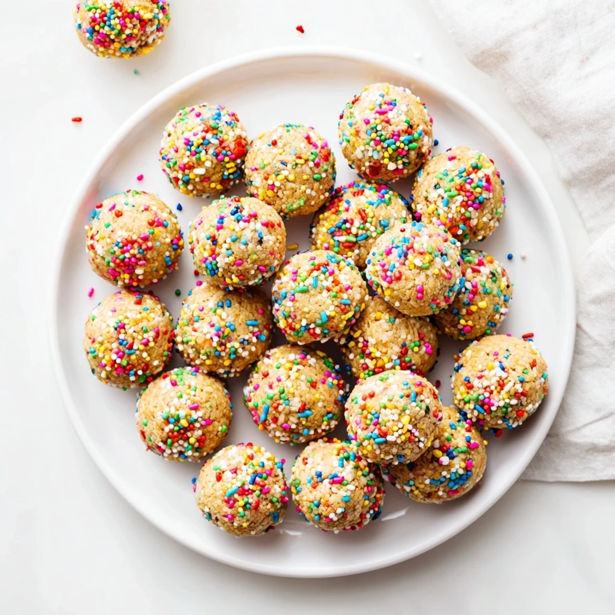 Rainbow sprinkles decorate soft Birthday Cake Batter Protein Balls on a white plate, perfect no-bake snacks. 