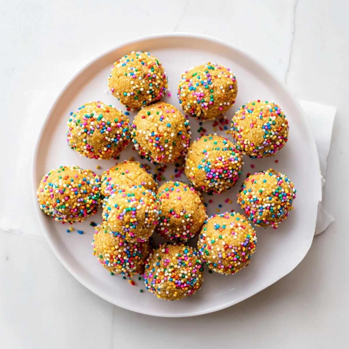 Close-up of Birthday Cake Batter Protein Balls, showing moist texture and colorful toppings on parchment paper. 