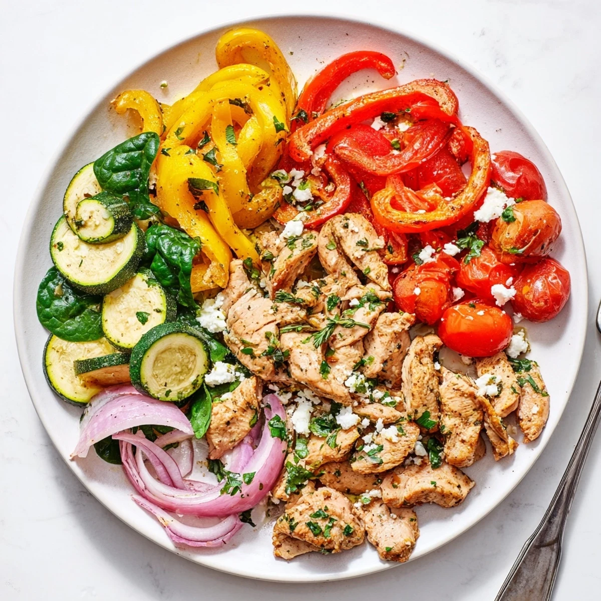 Vivid Mediterranean Chicken Stir Fry in a skillet, featuring tender chicken, zucchini, tomatoes, and a fragrant sauce.