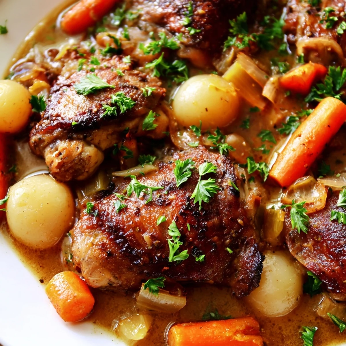 Savory slow cooker chicken thighs, tender and juicy, served with carrots, potatoes, and fresh parsley garnish.