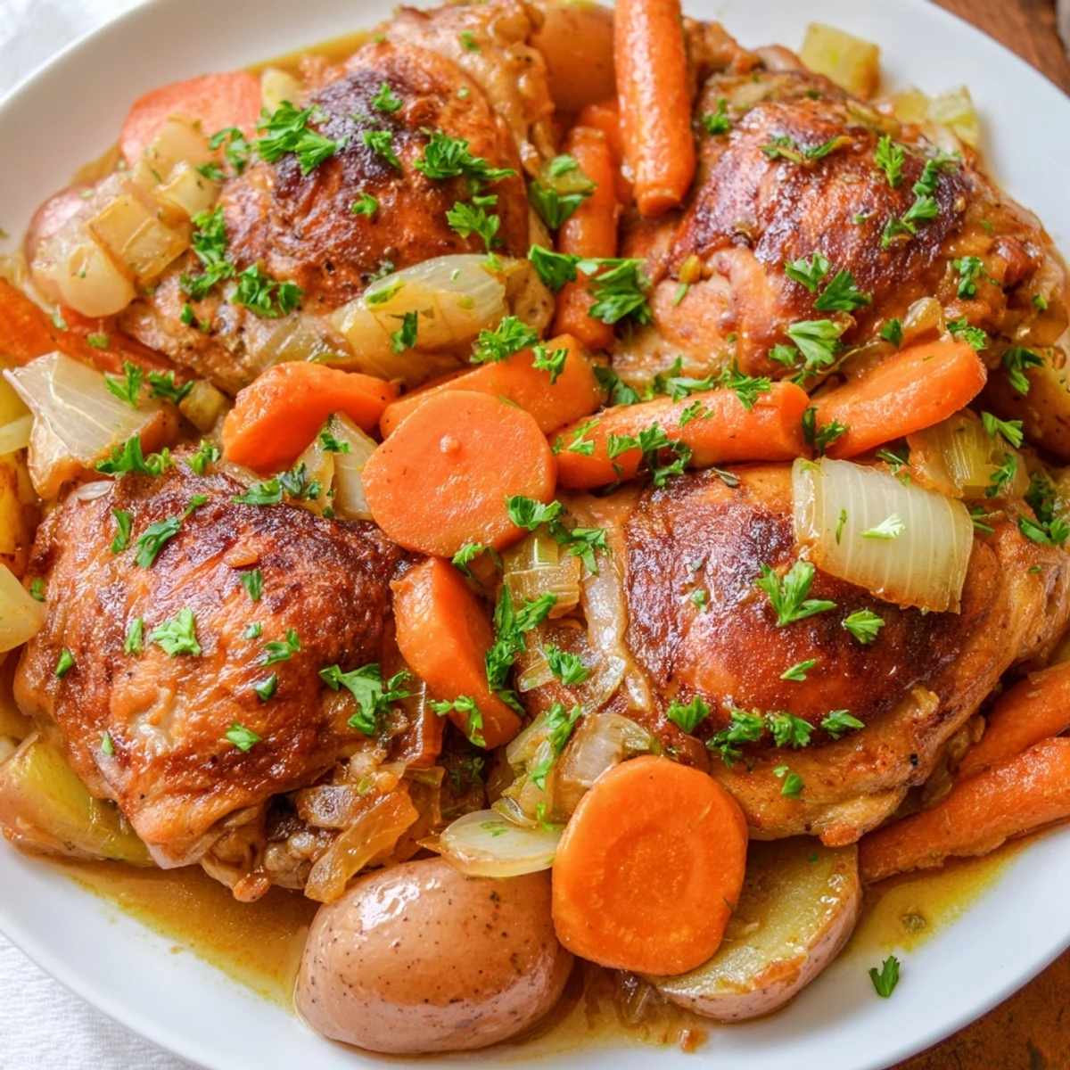Aromatic healthy savory slow cooker chicken simmering with potatoes and carrots, plated over fluffy quinoa.