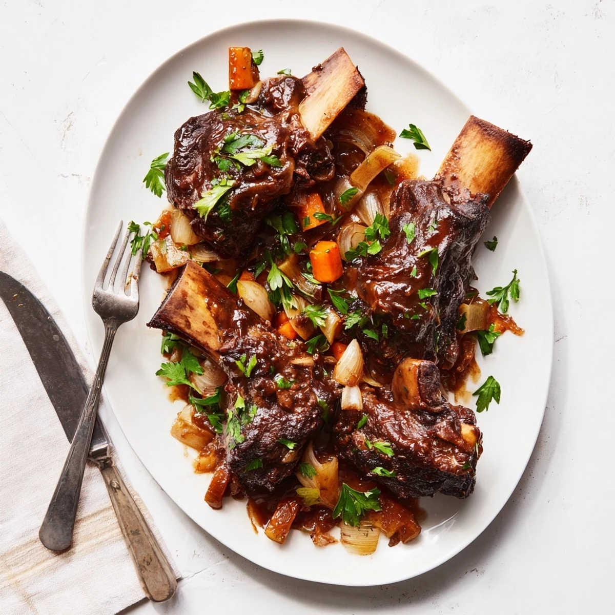 Tender Maple Bourbon Glazed Short Ribs served on mashed potatoes, garnished with fresh herbs and drizzled sauce.  