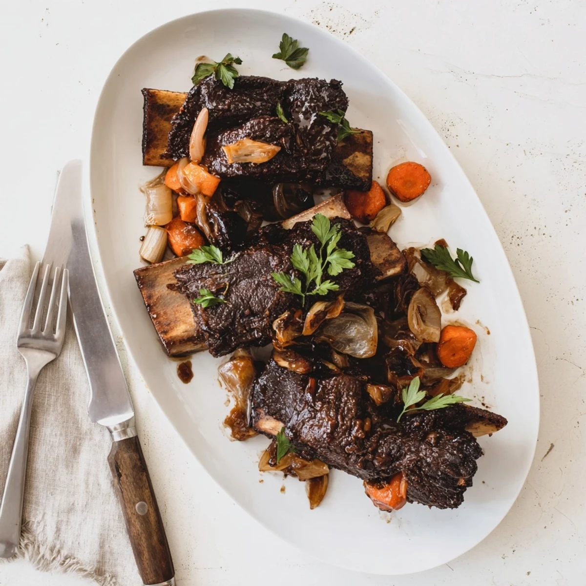 Golden-brown, fall-off-the-bone Maple Bourbon Glazed Short Ribs in a Dutch oven, glazed with rich, sticky sauce.  