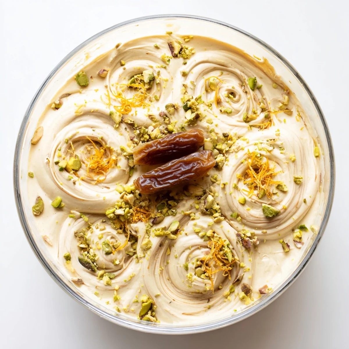 Frosted glasses display Lebanese Date Orange Blossom Mousse topped with pistachios and orange zest.