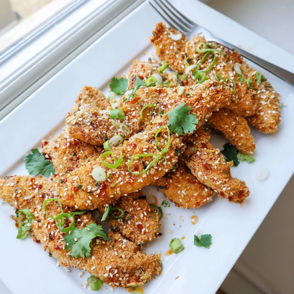 Golden-brown Thai Sticky Chicken Fingers fresh from the oven, drizzled with a glossy sweet chili glaze.
