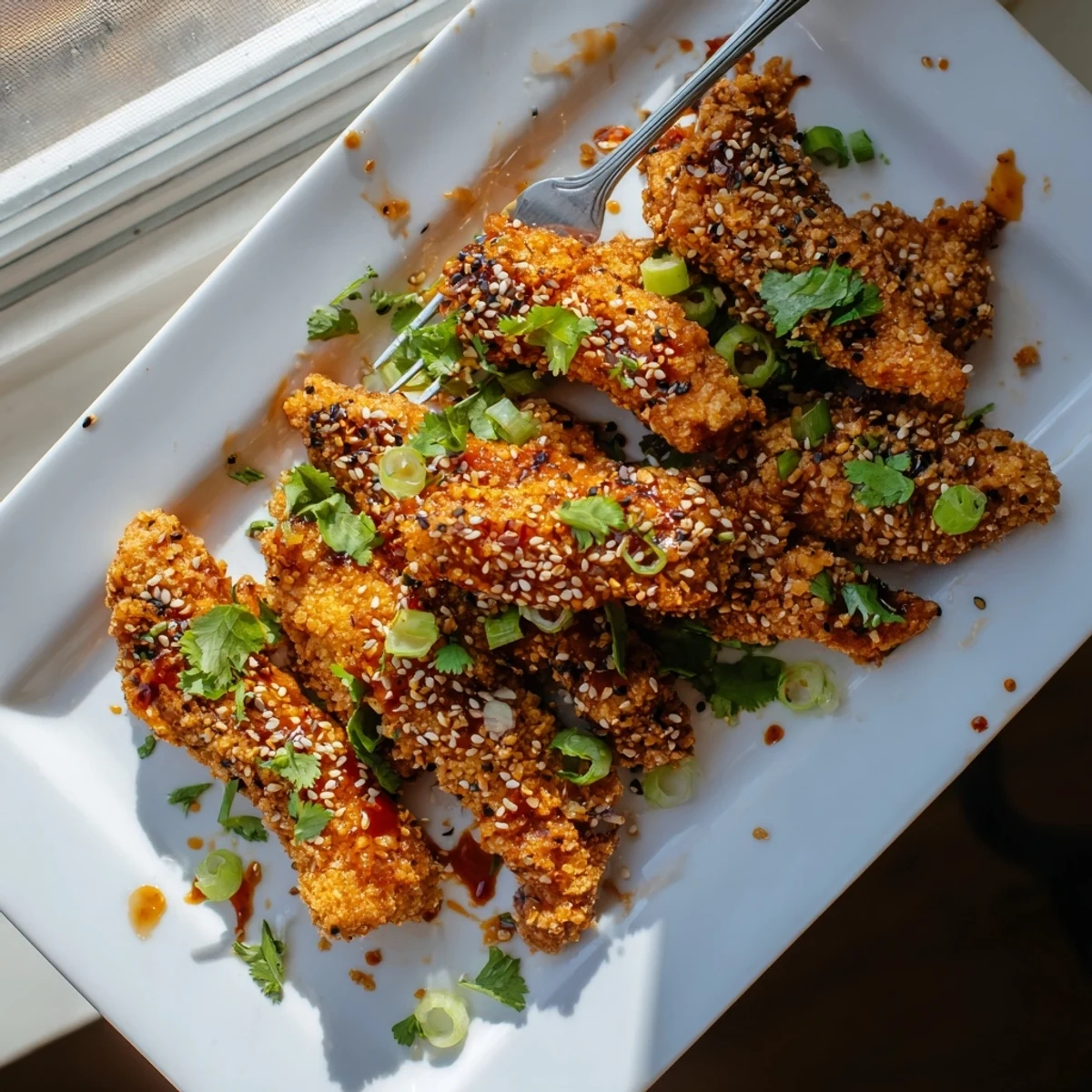 Crispy Thai Sticky Chicken Fingers tossed in a sticky sauce with fresh cilantro garnish and steam rising.