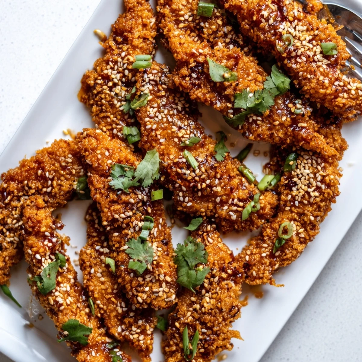 Thai Sticky Chicken Fingers served on a platter with sesame seeds and scallions, ready to share.
