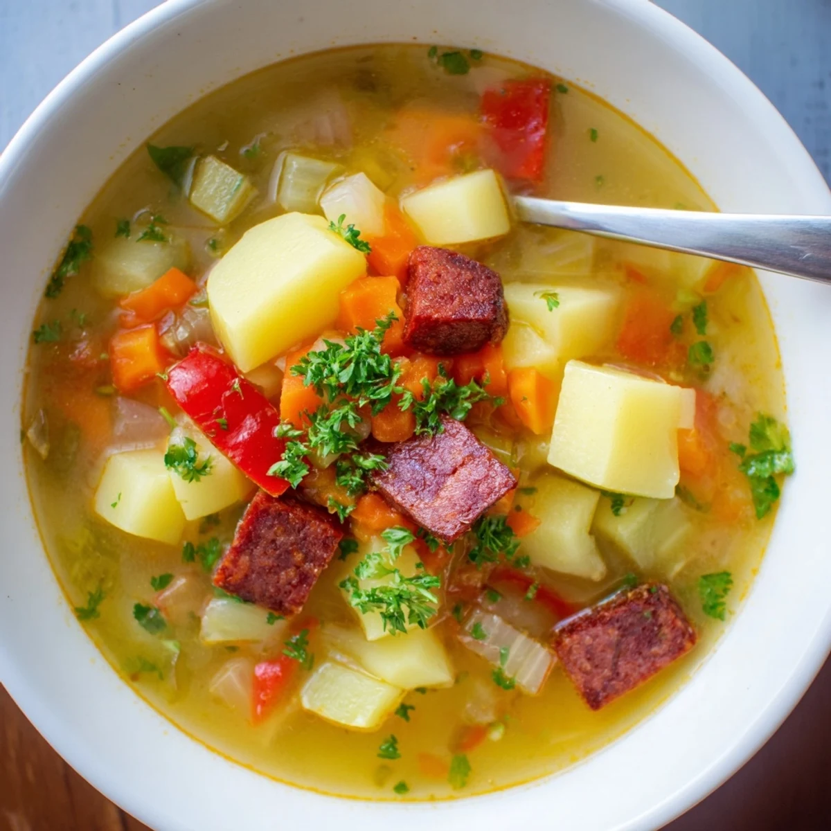 Spanish Potato Soup with Chorizo served in rustic bowls, garnished with fresh parsley and smoky chorizo.